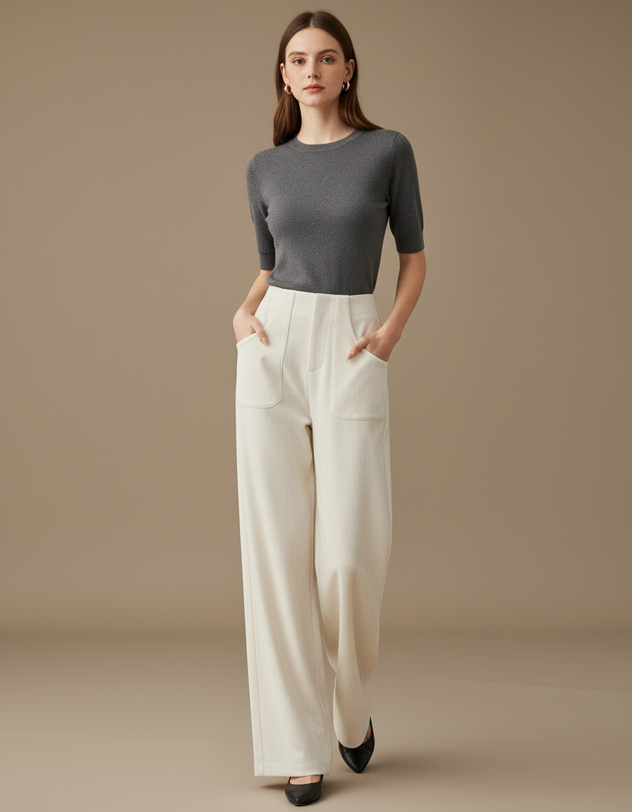 Pantalon Blanc Large Décontracté Femme Fluide Élégant - Cordé