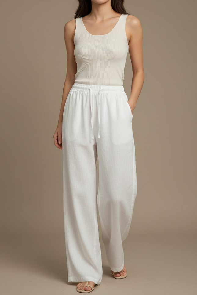 Pantalon Blanc Lin Fluide Ample Cordon Décontracté