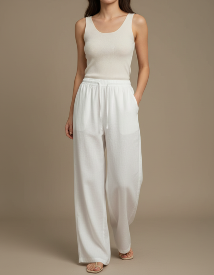 Pantalon Blanc Lin Fluide Ample Cordon Décontracté
