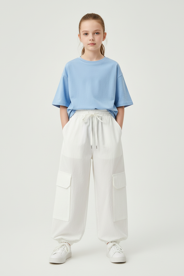 Pantalon Blanc Cargo Ample Fille Taille Haute - Coton