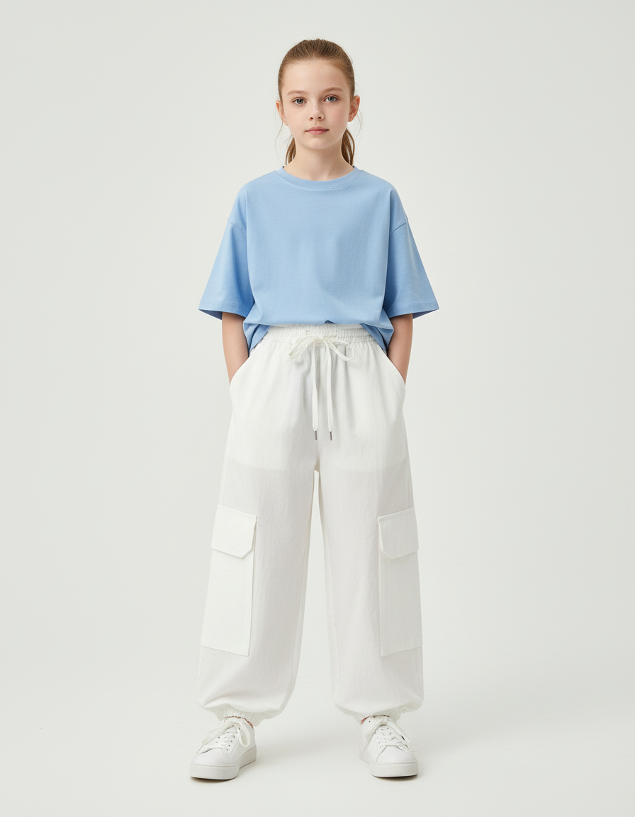 Pantalon Blanc Cargo Ample Fille Taille Haute - Coton