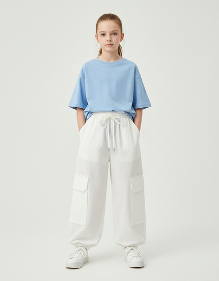 Pantalon Blanc Cargo Ample Fille Taille Haute - Coton