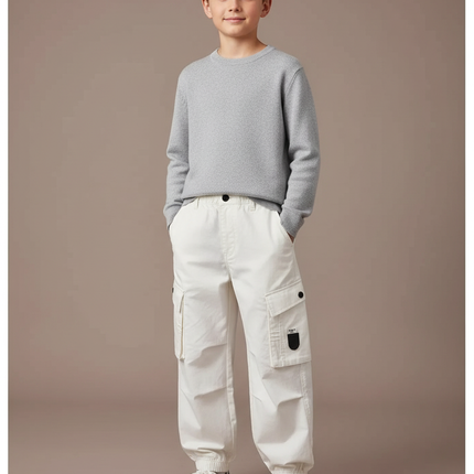 Pantalon Blanc Cargo Ample Coton Enfant Garçon - Toile