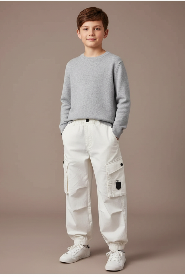 Pantalon Blanc Cargo Ample Coton Enfant Garçon - Toile