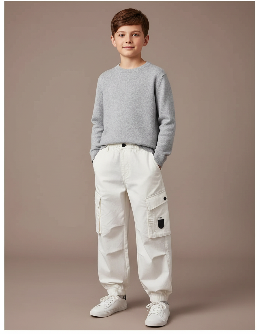 Pantalon Blanc Cargo Ample Coton Enfant Garçon - Toile