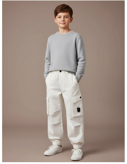 Pantalon Blanc Cargo Ample Coton Enfant Garçon - Toile