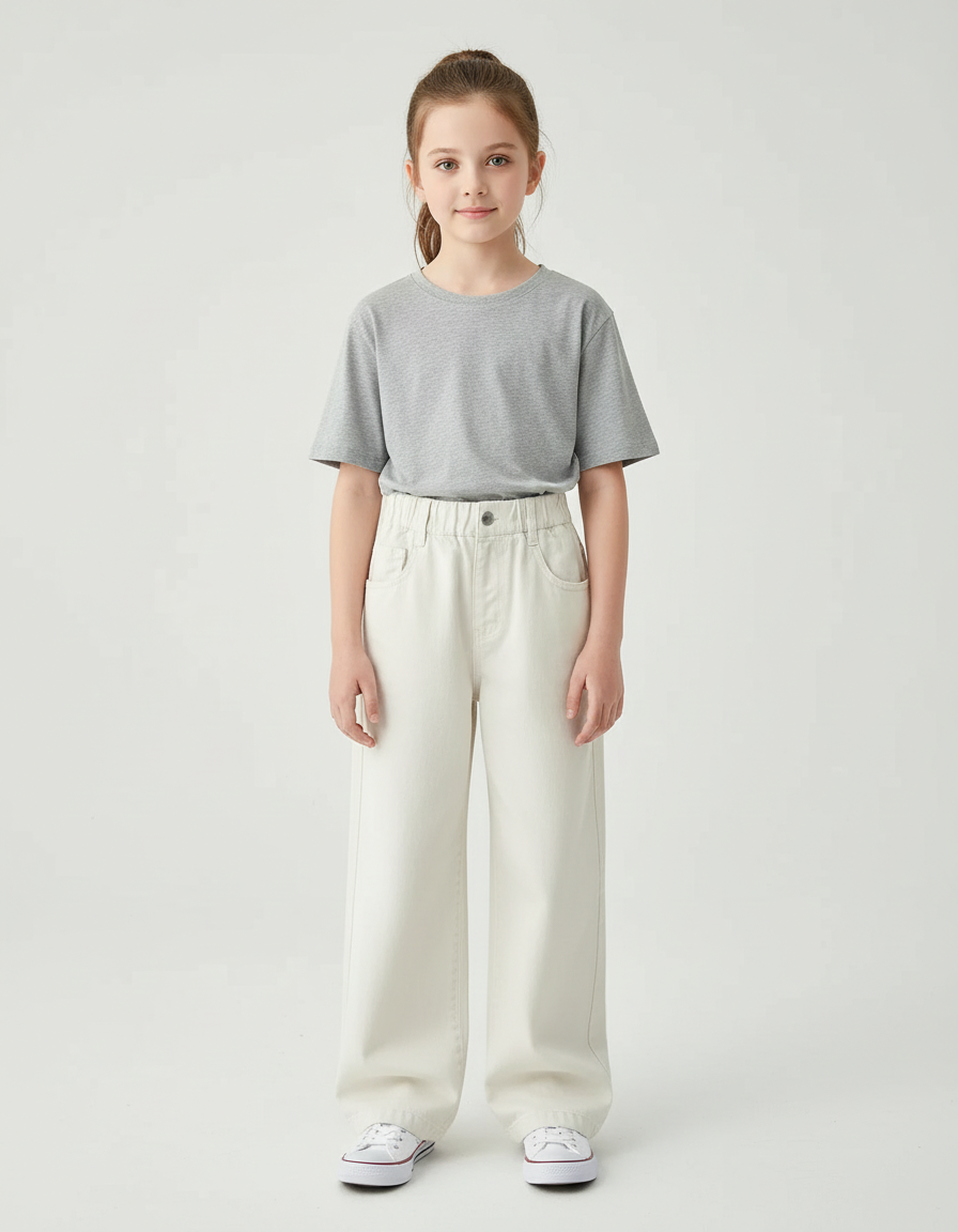 Pantalon Blanc Large Décontracté Enfant Coton - Beige Jean