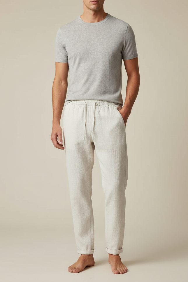 Pantalon Blanc Lin Confortable Décontracté Cordon Homme