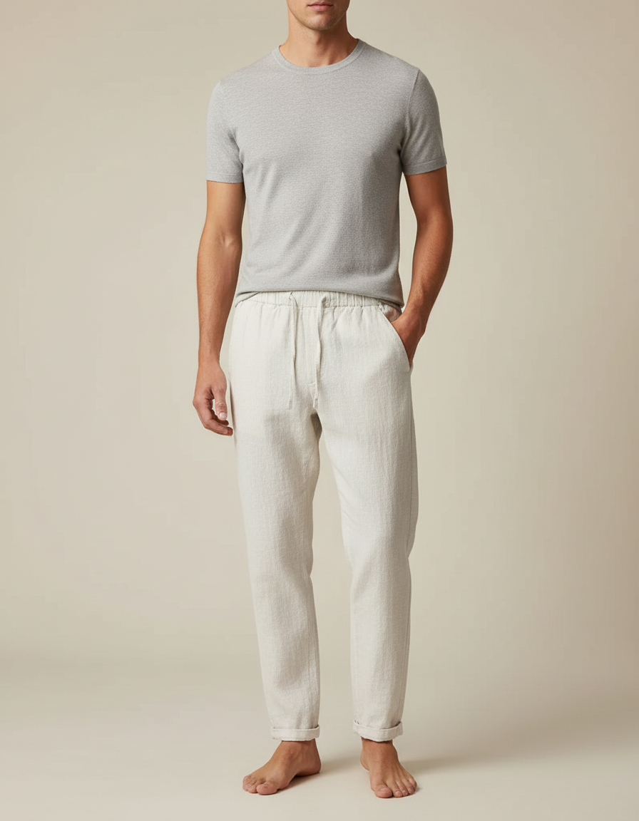 Pantalon Blanc Lin Confortable Décontracté Cordon Homme