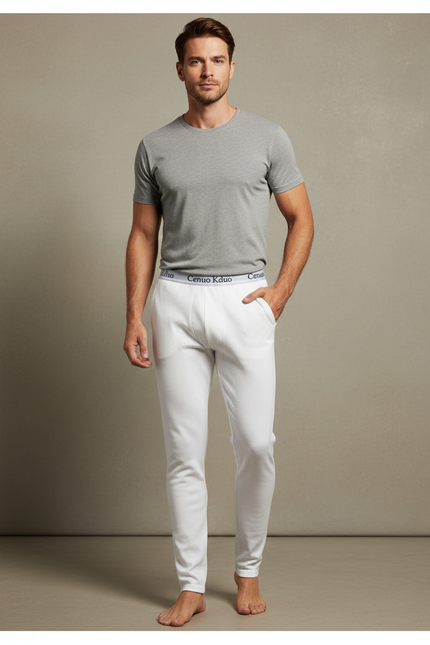 Pantalon Blanc Thermique Molletonné Slim Coton Chaud