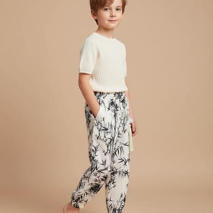Pantalon Blanc Fluide Imprimé Bambou Décontracté Enfant - Viscose
