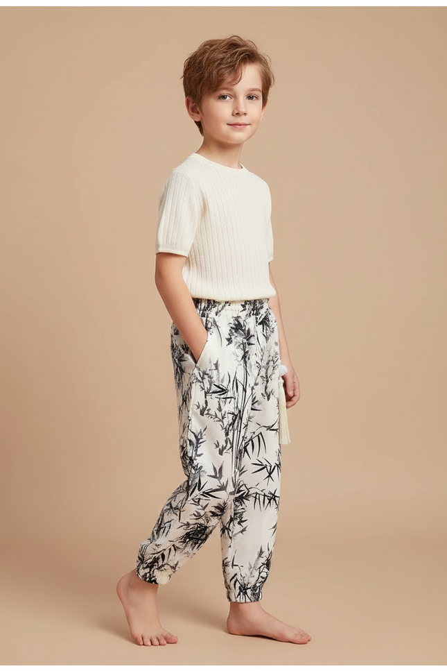 Pantalon Blanc Fluide Imprimé Bambou Décontracté Enfant - Viscose