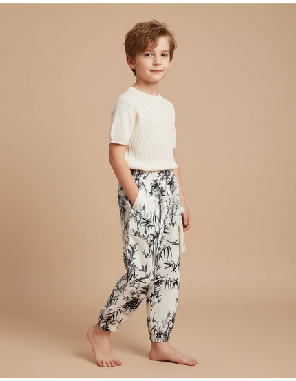Pantalon Blanc Fluide Imprimé Bambou Décontracté Enfant - Viscose
