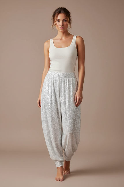 Pantalon Blanc Pailleté Harem Fluide Brillant Élégant - Argenté Polyester