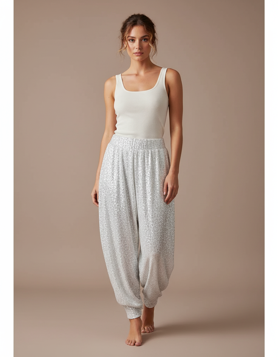 Pantalon Blanc Pailleté Harem Fluide Brillant Élégant - Argenté Polyester