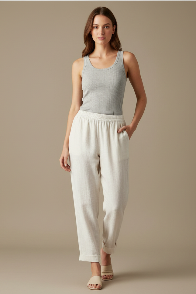 Pantalon Blanc Coton Lin Ample Décontracté Femme