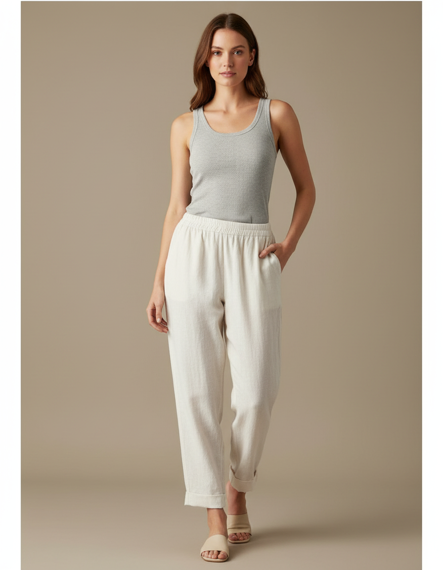 Pantalon Blanc Coton Lin Ample Décontracté Femme
