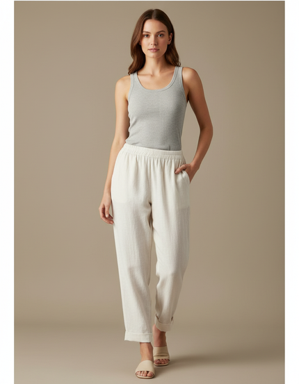 Pantalon Blanc Coton Lin Ample Décontracté Femme