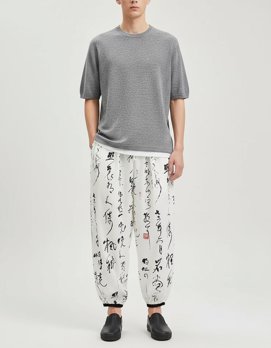 Pantalon Blanc Harem Imprimé Calligraphie Chinoise Homme - Polyester
