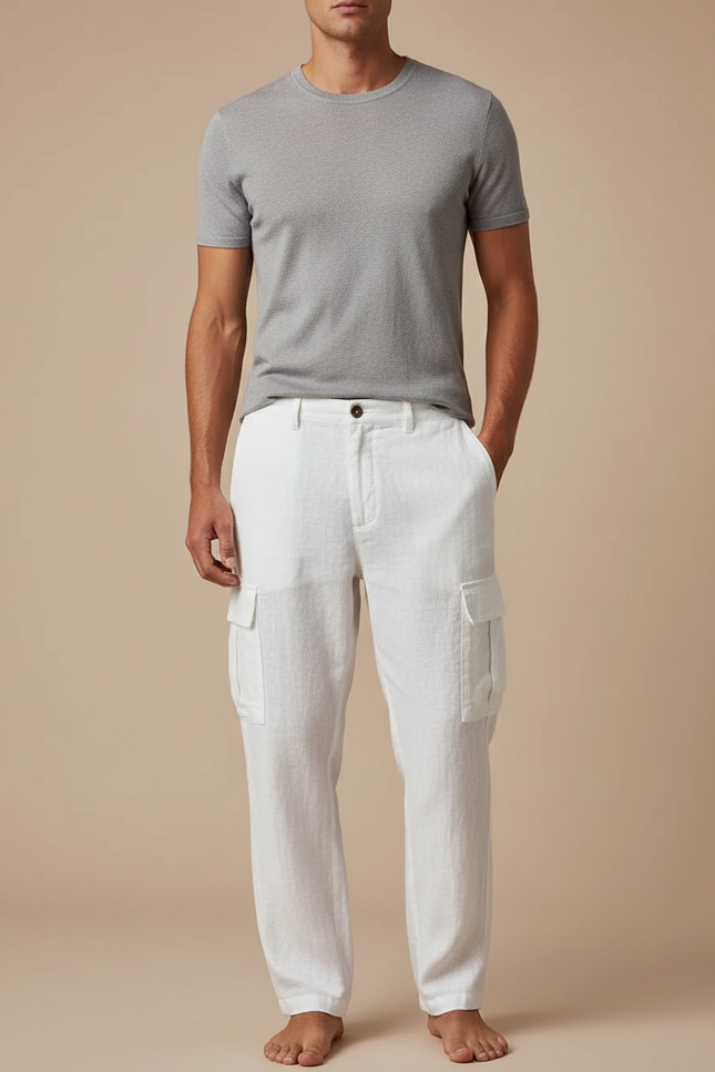Pantalon Blanc Cargo Lin Décontracté Homme