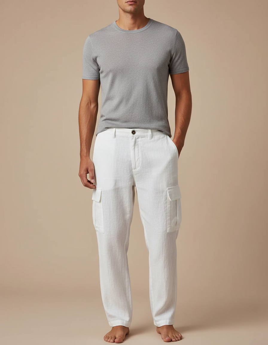 Pantalon Blanc Cargo Lin Décontracté Homme