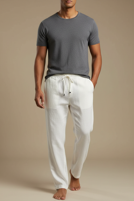 Pantalon Blanc Lin Décontracté Homme Cordon