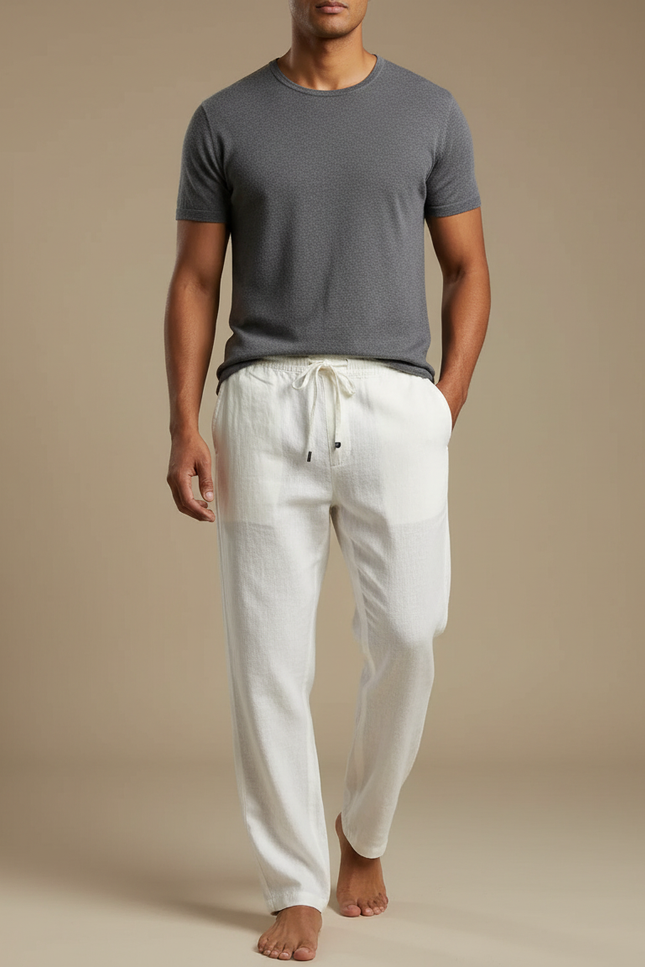 Pantalon Blanc Lin Décontracté Homme Cordon