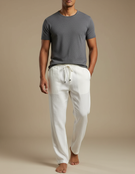 Pantalon Blanc Lin Décontracté Homme Cordon