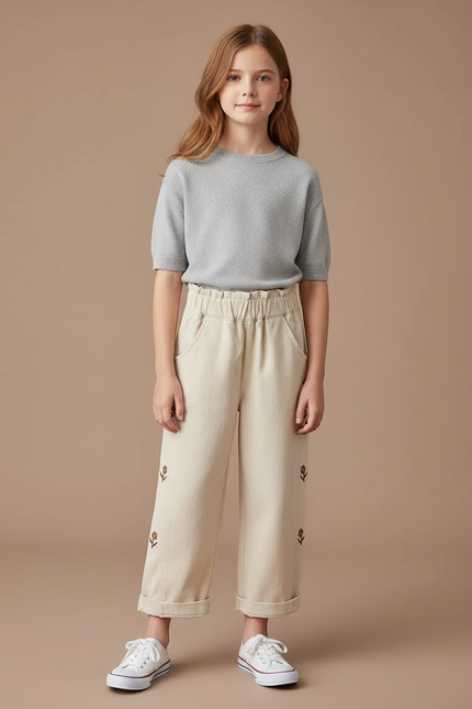Pantalon Blanc Brodé Fleur Ample Coton Enfant - Beige