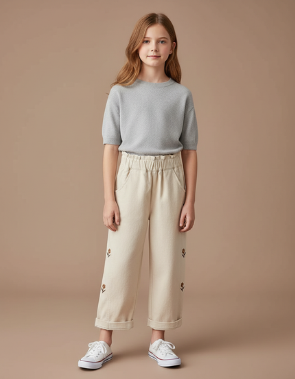 Pantalon Blanc Brodé Fleur Ample Coton Enfant - Beige