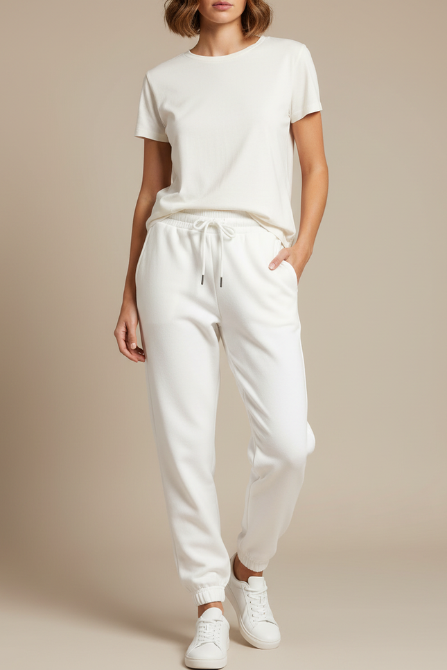 Pantalon Blanc Molletonné Décontracté Ample Cordon