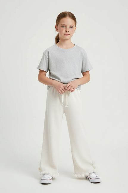 Pantalon Blanc Côtelé Pompons Enfant Ample - Maille