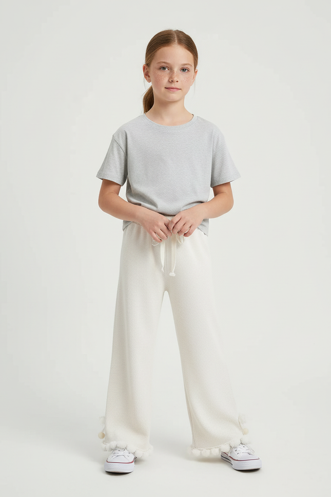 Pantalon Blanc Côtelé Pompons Enfant Ample - Maille
