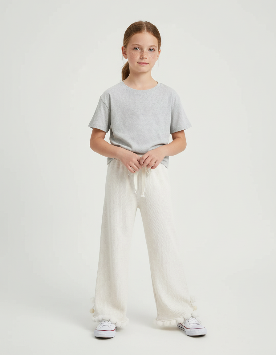 Pantalon Blanc Côtelé Pompons Enfant Ample - Maille
