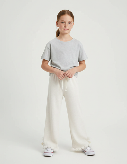 Pantalon Blanc Côtelé Pompons Enfant Ample - Maille