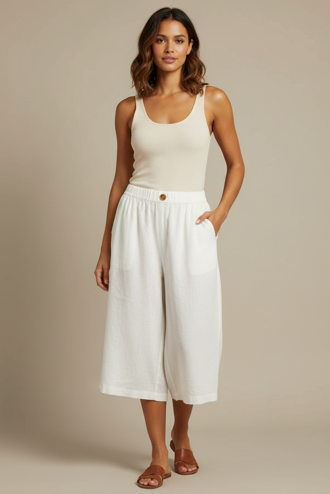 Pantalon Blanc Lin Ample Taille Élastique Décontracté