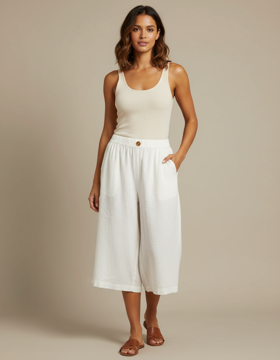 Pantalon Blanc Lin Ample Taille Élastique Décontracté