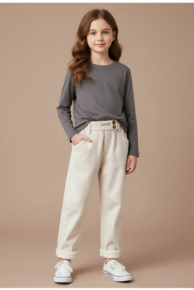 Pantalon Blanc Côtelé Enfant Ample Confortable Chaud - Beige Cordé