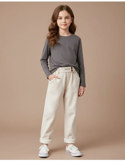 Pantalon Blanc Côtelé Enfant Ample Confortable Chaud - Beige Cordé