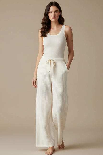 Pantalon Blanc Côtelé Tricoté Ample Décontracté Élégant - Maille