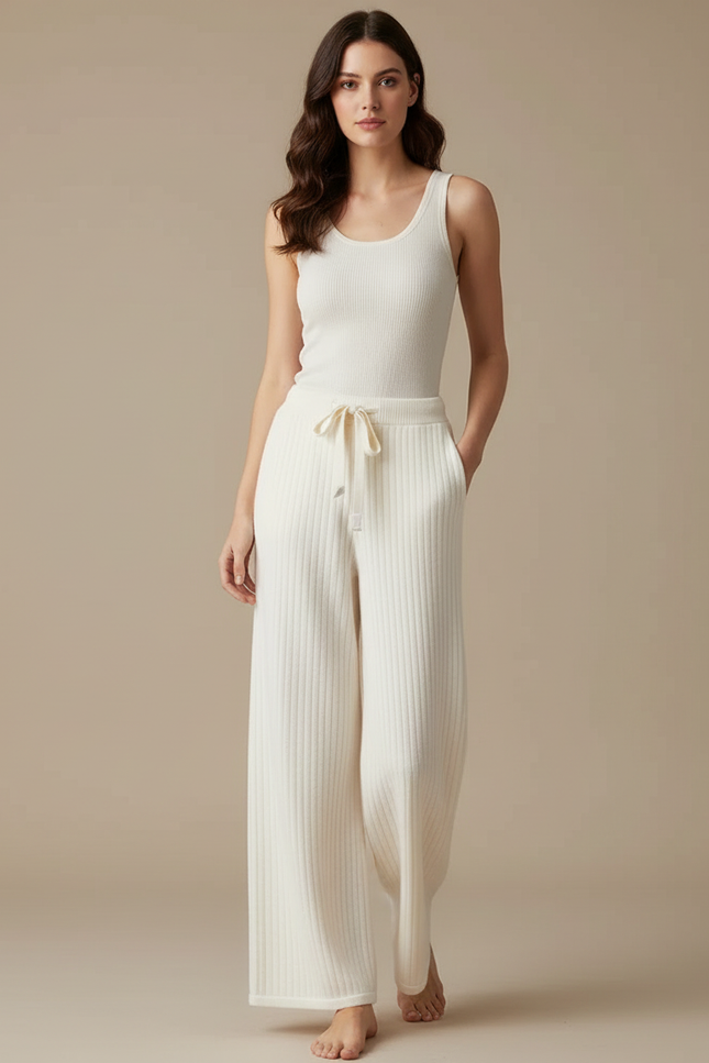 Pantalon Blanc Côtelé Tricoté Ample Décontracté Élégant - Maille
