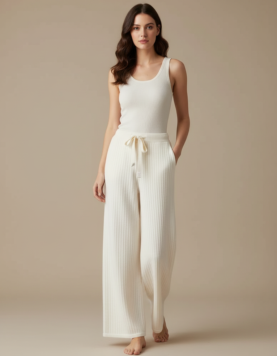 Pantalon Blanc Côtelé Tricoté Ample Décontracté Élégant - Maille