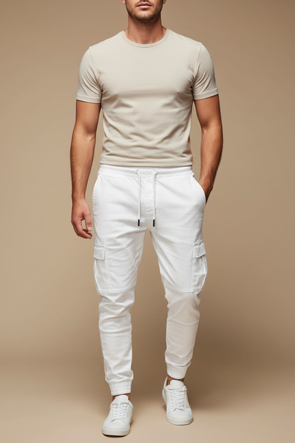 Pantalon Blanc Cargo Cordon Décontracté Homme Jogger - Toile
