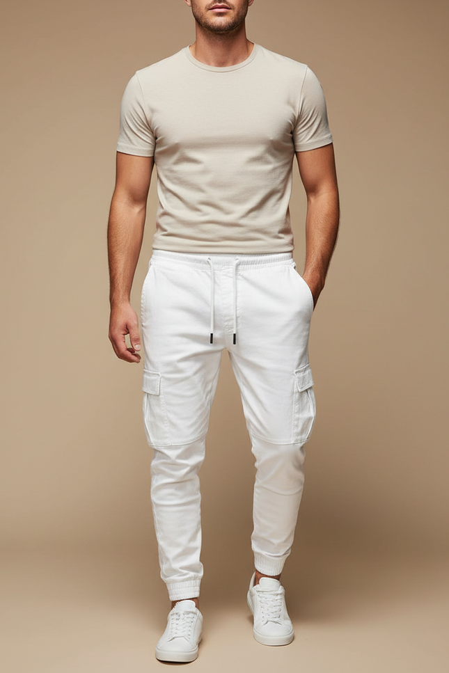 Pantalon Blanc Cargo Cordon Décontracté Homme Jogger - Toile