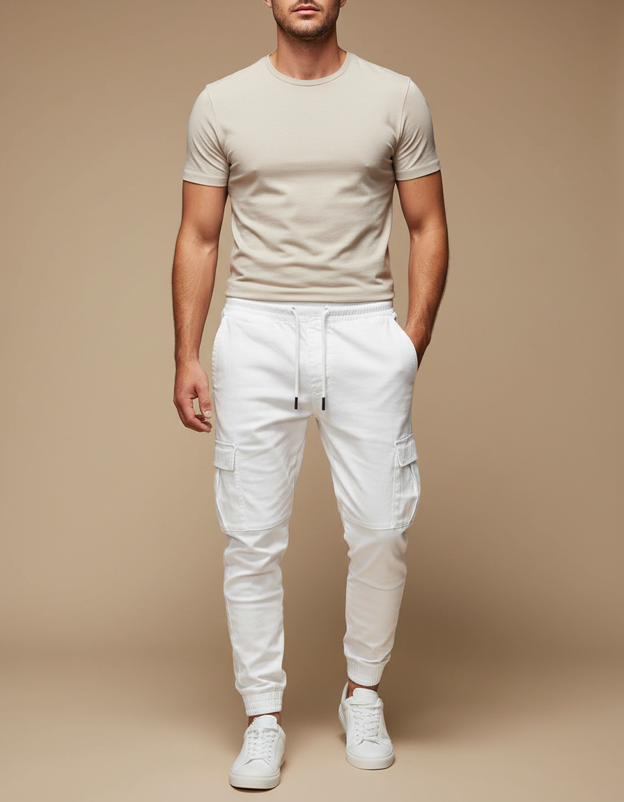 Pantalon Blanc Cargo Cordon Décontracté Homme Jogger - Toile