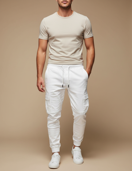 Pantalon Blanc Cargo Cordon Décontracté Homme Jogger - Toile