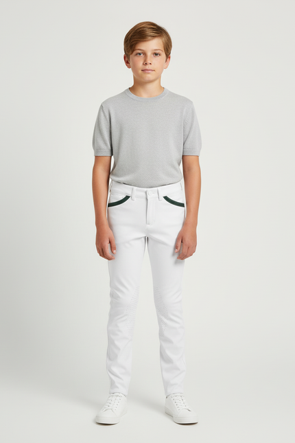 Pantalon Blanc Équestre Enfant Slim Poches Vertes - Polyester
