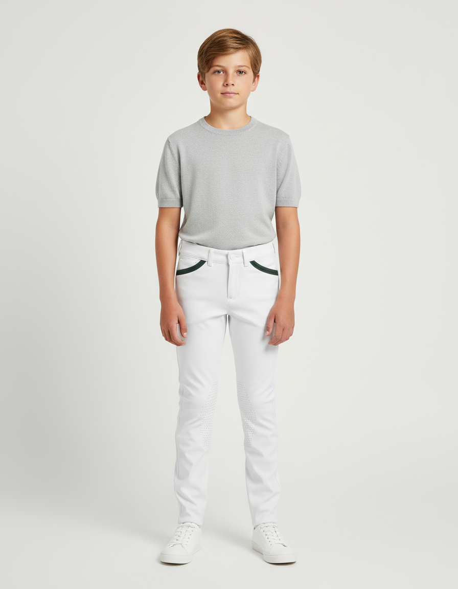 Pantalon Blanc Équestre Enfant Slim Poches Vertes - Polyester