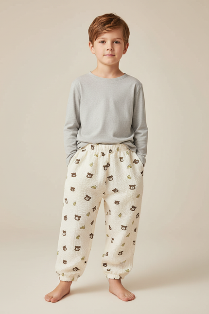 Pantalon Blanc Oursons Mignon Confortable Enfant Coton - Molleton