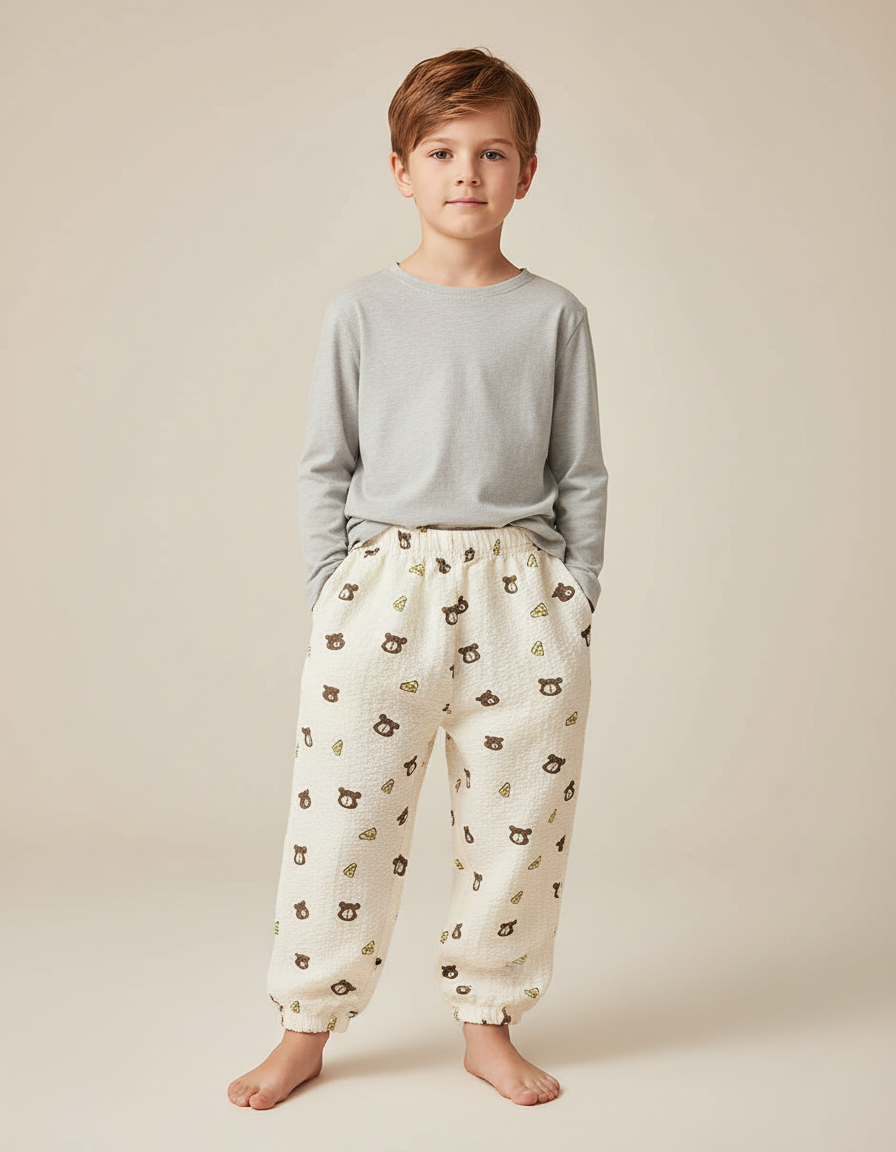 Pantalon Blanc Oursons Mignon Confortable Enfant Coton - Molleton